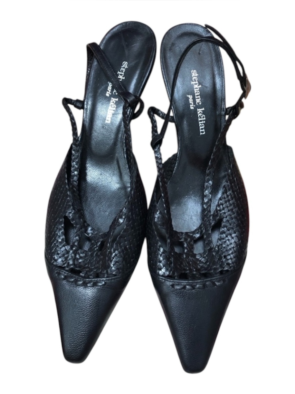 Stephane Kelian Paris Vintage Woven Black Leather Slingback Kitten Heels 5.5 3.5